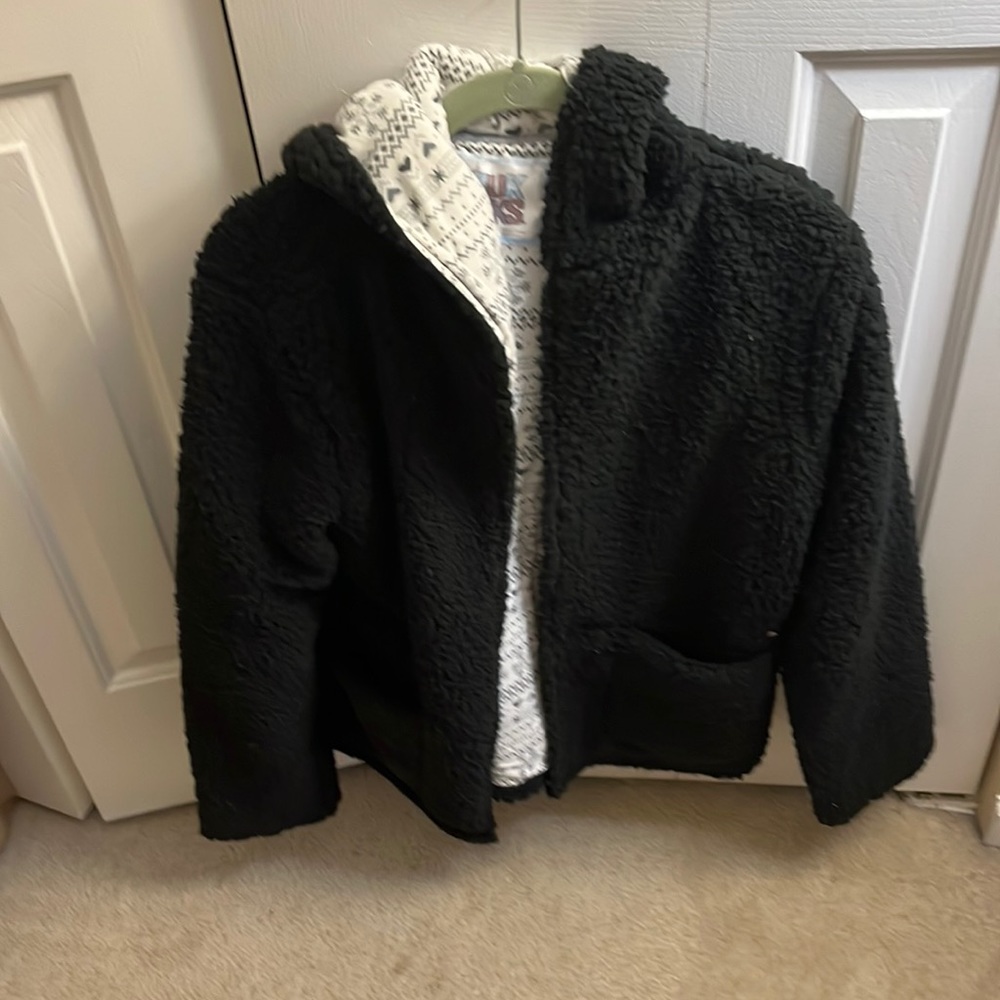 Black jacket with hoodie two pockets soft as butter size medium